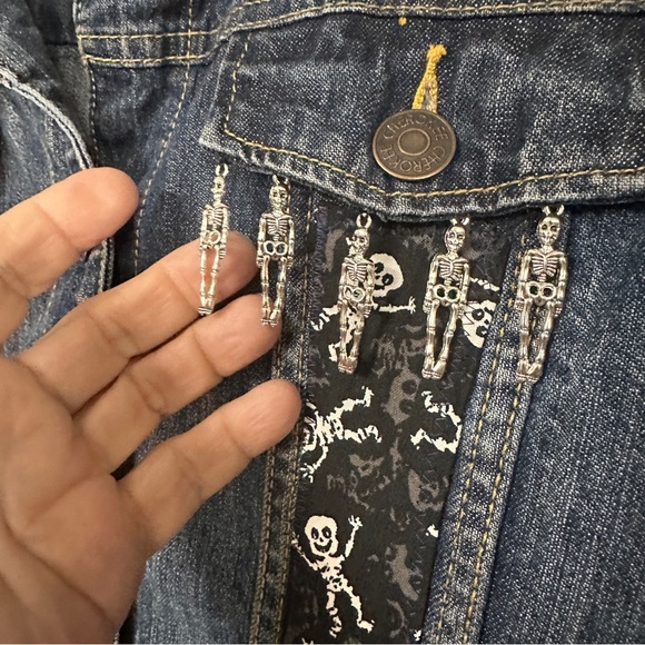Black & White Skeleton fabric on an Upcycled Cherokee Denim Jacket., XL 14 / 16 - Picture 2 of 11